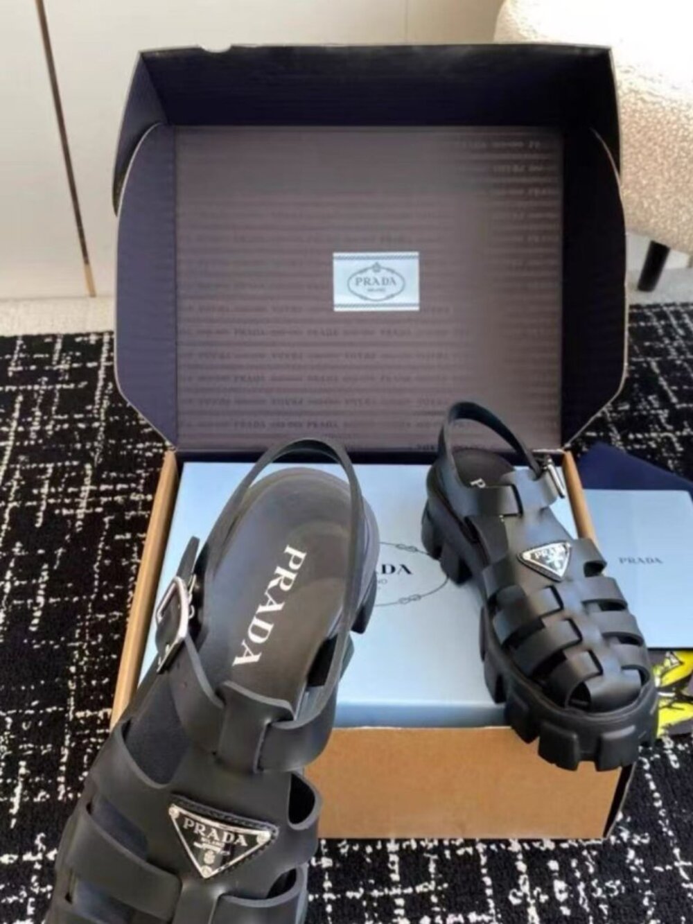 Prada Vintage Black Fisherman Cage Lug Sole Platform Sandals - Picture 7 of 9